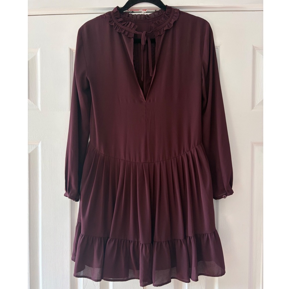 Sunday Best Aritzia Burgundy Lace Trim‎ Ruffle Neck Long Sleeve Mini Dress XS